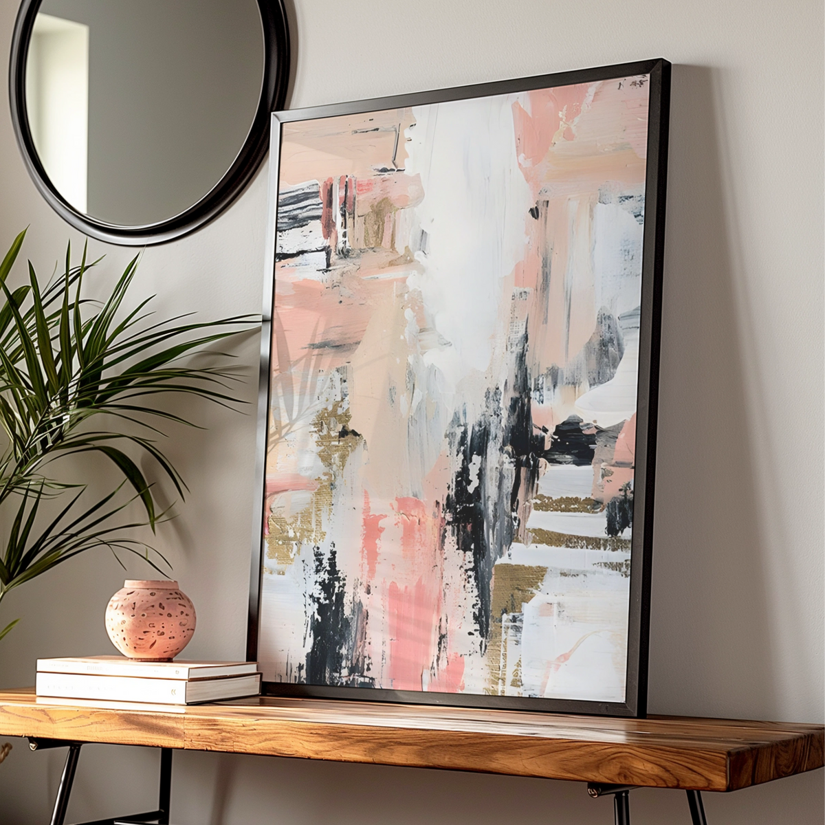 Abstract Monochrome Wall Art, Pink Black Gold Brushstroke Print, Modern Gallery Poster — Digital Download