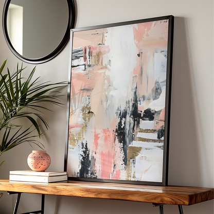 Abstract Monochrome Wall Art, Pink Black Gold Brushstroke Print, Modern Gallery Poster — Digital Download