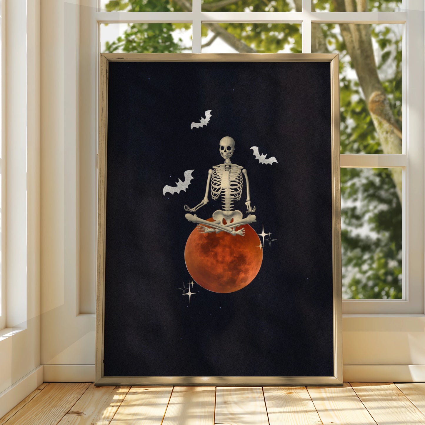 Halloween Skeleton Meditation Poster, Blood Moon Bat Wall Art, Spooky Gothic Print