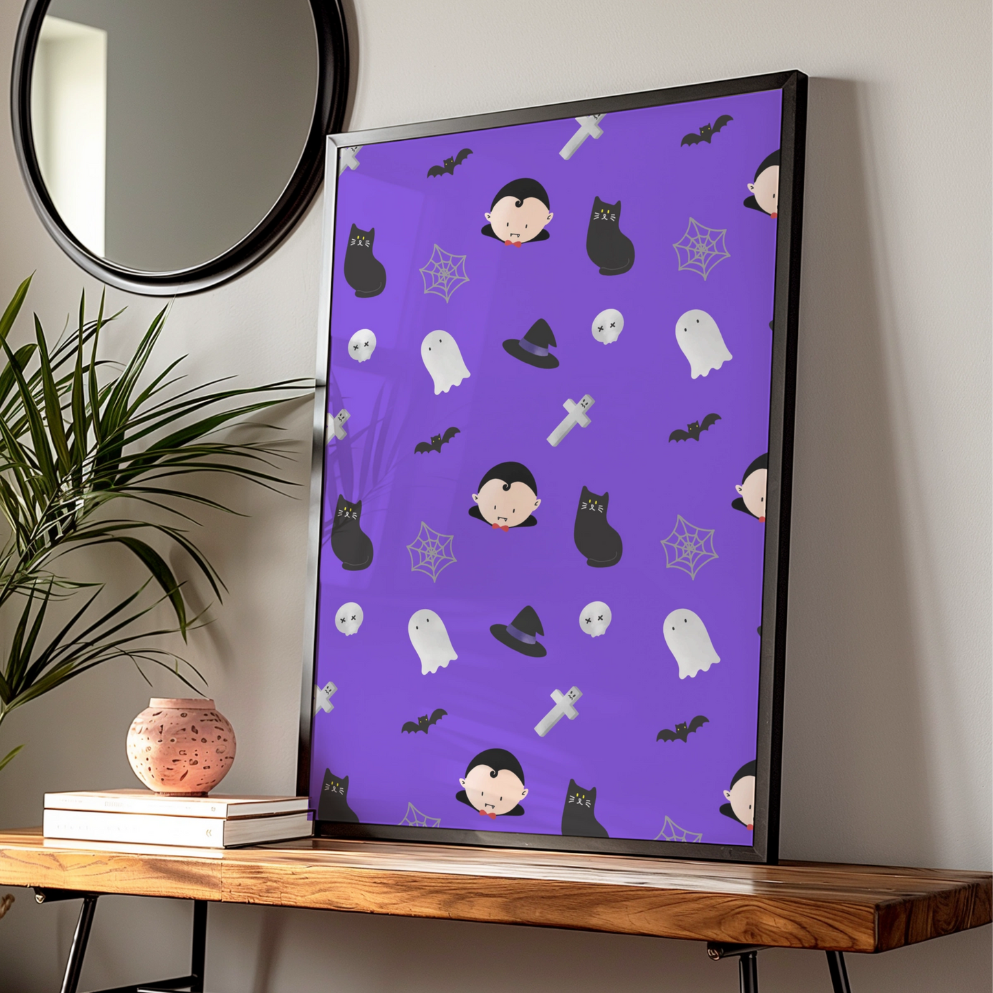 Halloween Pattern Poster, Cute Ghost Vampire Bat Black Cat Wall Art Print