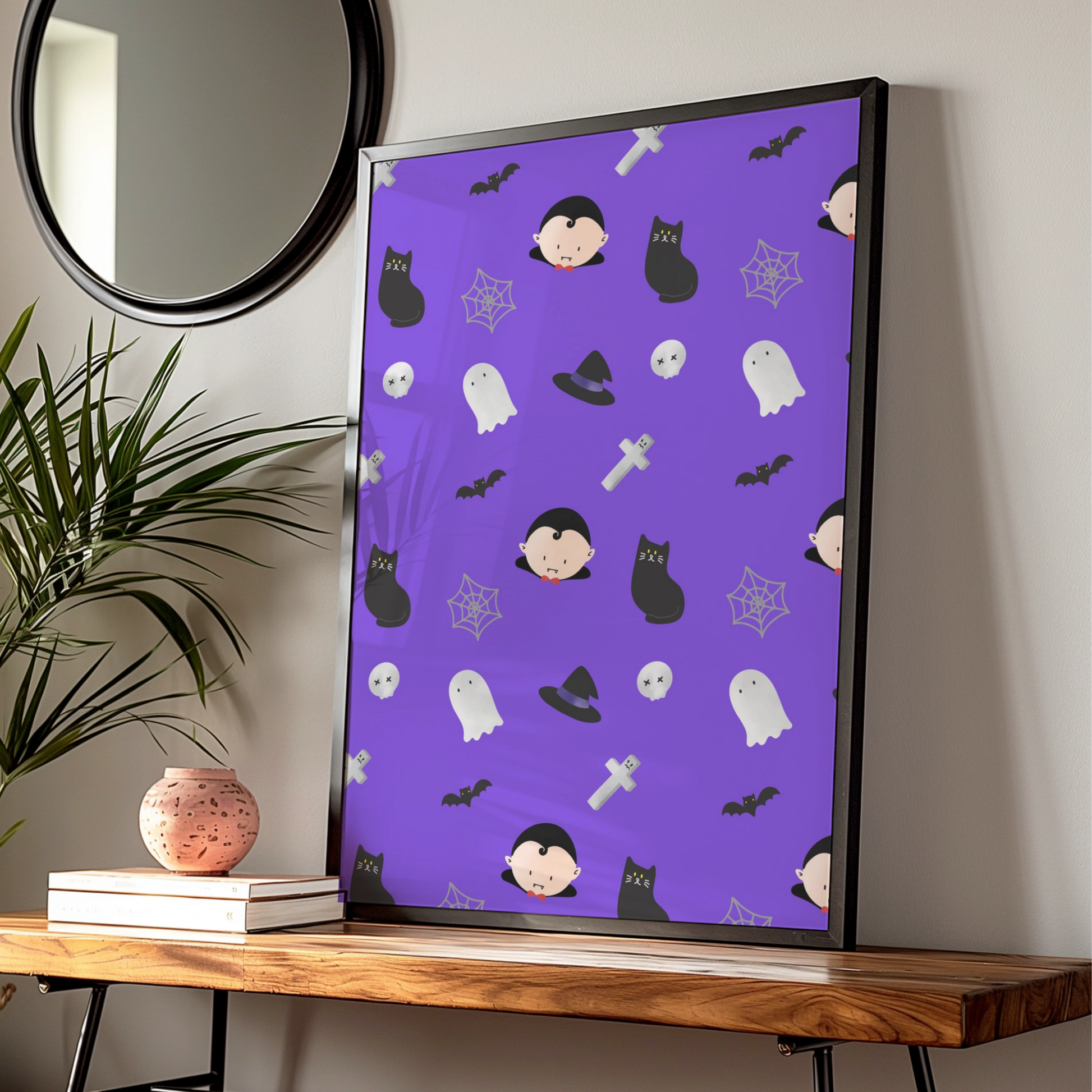 Halloween Pattern Poster, Cute Ghost Vampire Bat Black Cat Wall Art Print