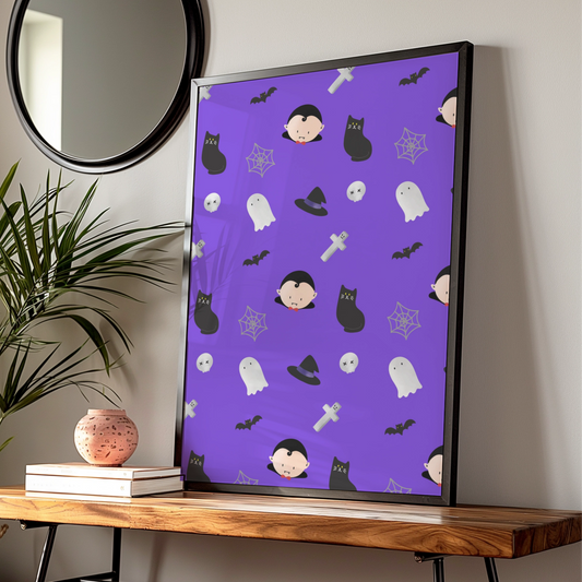 Halloween Pattern Poster, Cute Ghost Vampire Bat Black Cat Wall Art Print