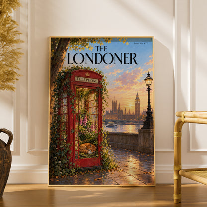 London Telephone Box Poster, Sleeping Fox Wall Art Print, Big Ben Sunset Thames Illustration