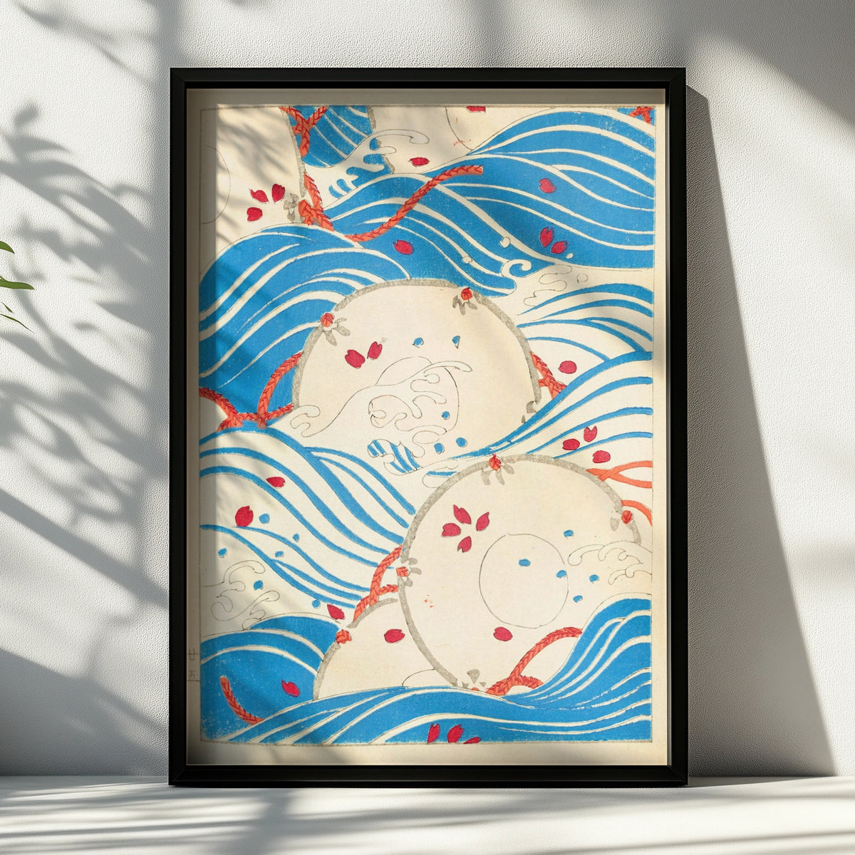 Japanese Woodblock Wave Art, Vintage Bijutsukai Print, Floral Japandi Wall Poster – A4 Black frame