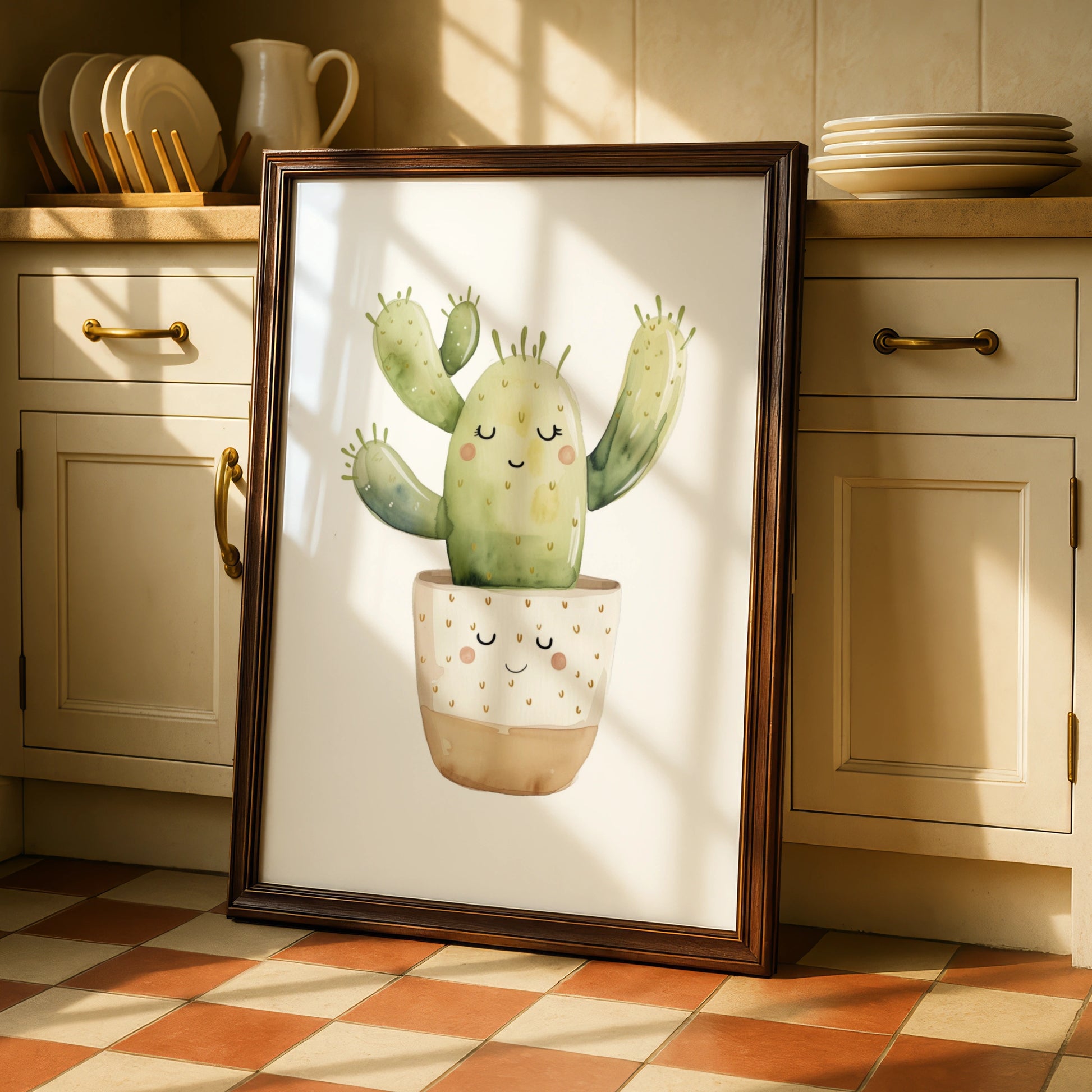 Cute Cactus Nursery Wall Art, Kawaii Watercolour Plant Poster, Kids Room Green Decor Print