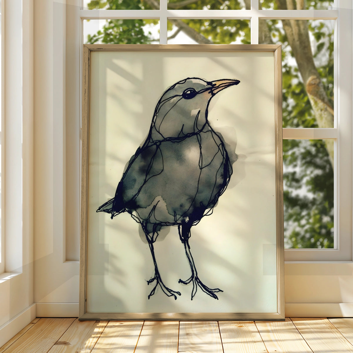 Blackbird Ink Sketch Print, Monochrome Wall Art, Minimalist Bird Poster, Grey Modern Decor
