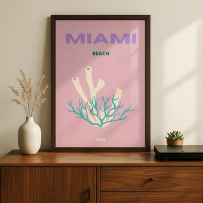 Miami Beach Travel Poster, Florida USA Wall Art, Retro Coral Print, Pink Coastal Decor