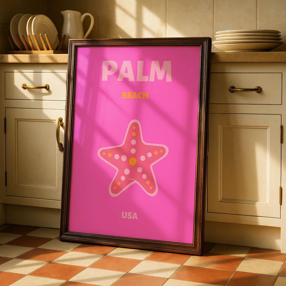 Palm Beach Florida Travel Poster, Retro USA Wall Art, Pink Starfish Print