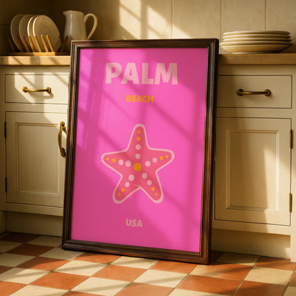 Palm Beach Florida Travel Poster, Retro USA Wall Art, Pink Starfish Print