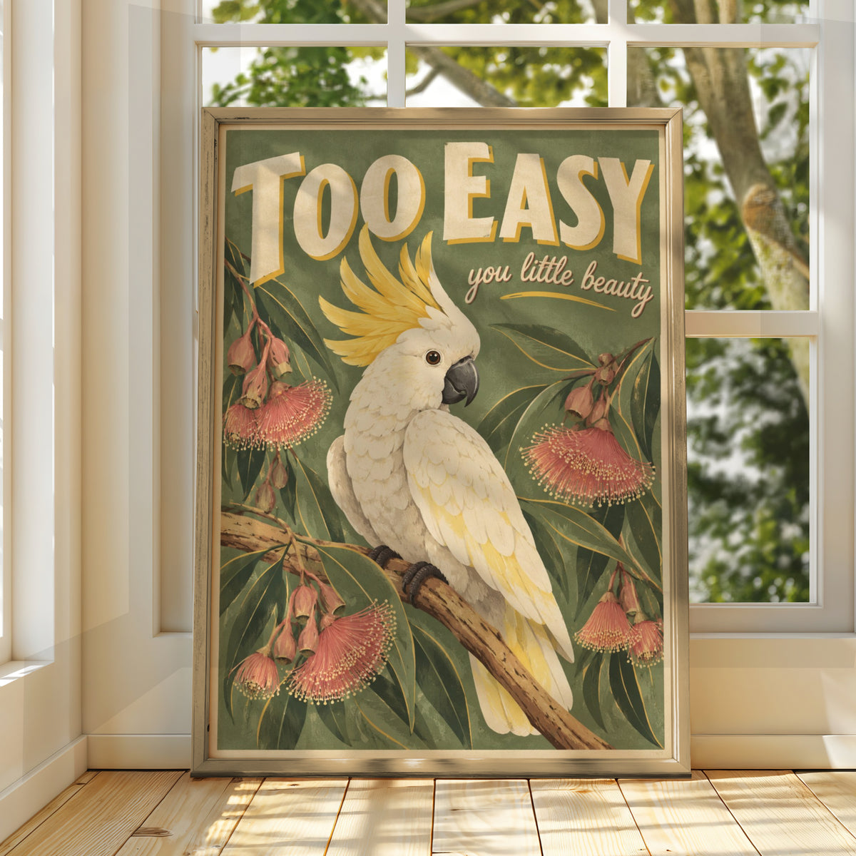 Cockatoo Australian Wall Art, Retro Style Sulphur Crested Bird Print, Aussie Wildlife Poster