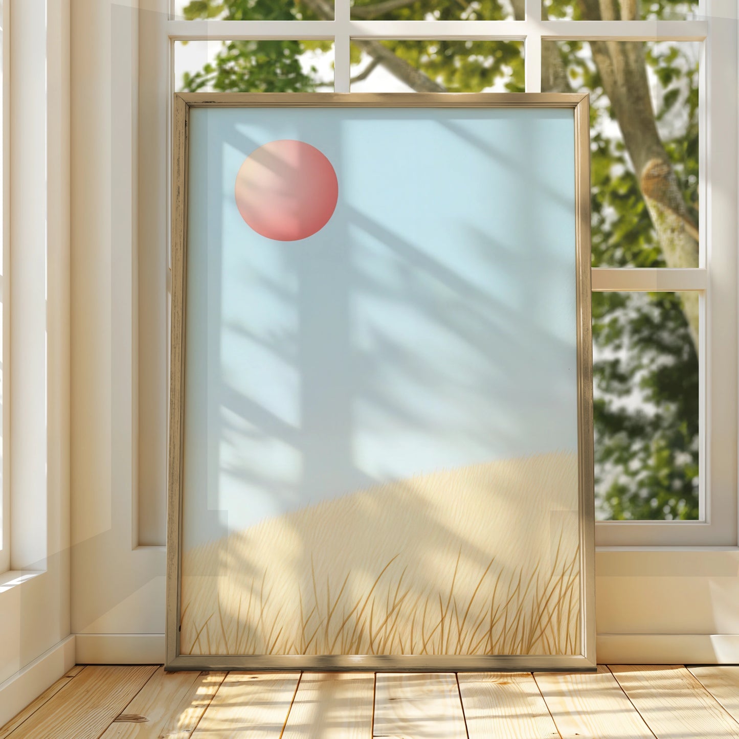 Nursery Wall Art Pink Sun Blue Sky, Minimalist Grass Landscape Print, Baby Room Poster