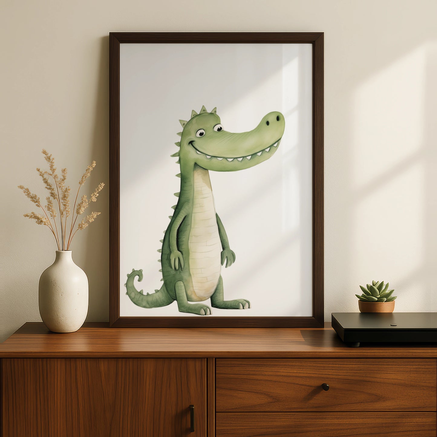 Cute Crocodile Nursery Wall Art, Watercolour Animal Print, Kids Room Poster, Green