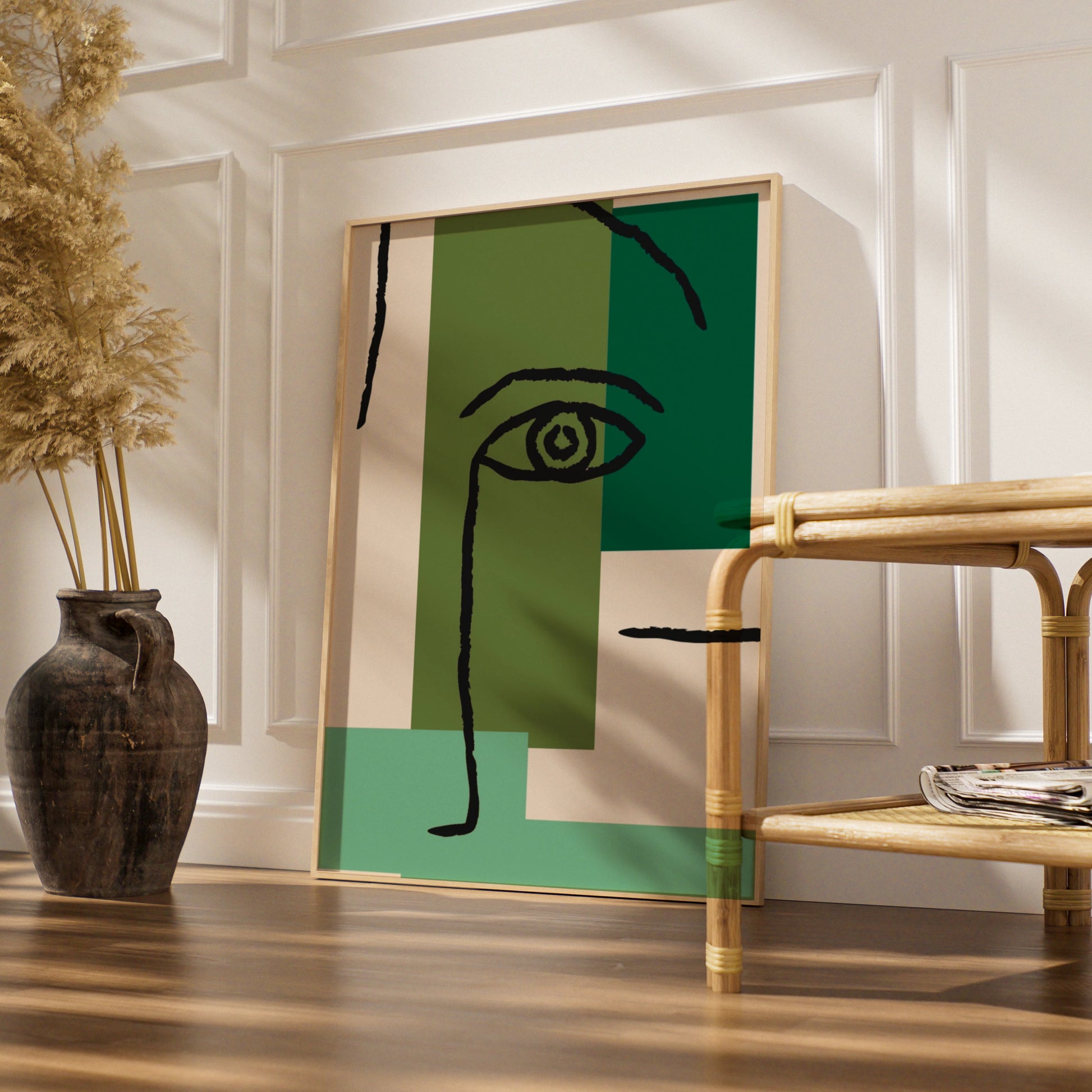 Maximalist Abstract Face Poster, Green Geometric Eye Wall Art, Modern Bold Print