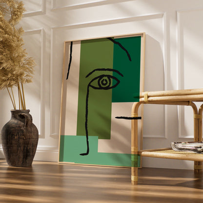 Maximalist Abstract Face Poster, Green Geometric Eye Wall Art, Modern Bold Print