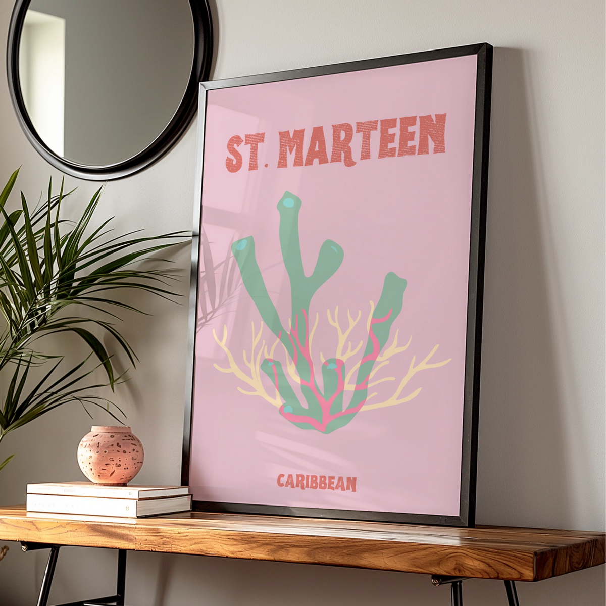 St Maarten Caribbean Travel Poster, Retro Coral Wall Art, Tropical Island Print