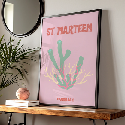 St Maarten Caribbean Travel Poster, Retro Coral Wall Art, Tropical Island Print