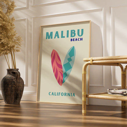 Malibu Beach California Travel Poster, Retro Surf Wall Art, Coastal Print Gift
