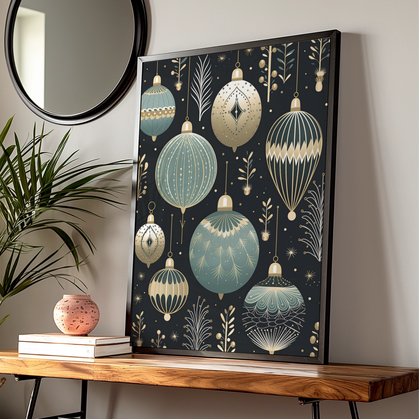Christmas Baubles Poster, Art Deco Ornaments Wall Art, Teal Gold Black Festive Print