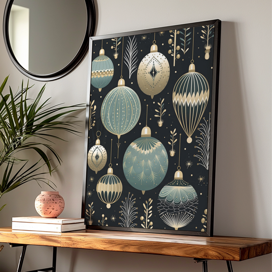 Christmas Baubles Poster, Art Deco Ornaments Wall Art, Teal Gold Black Festive Print