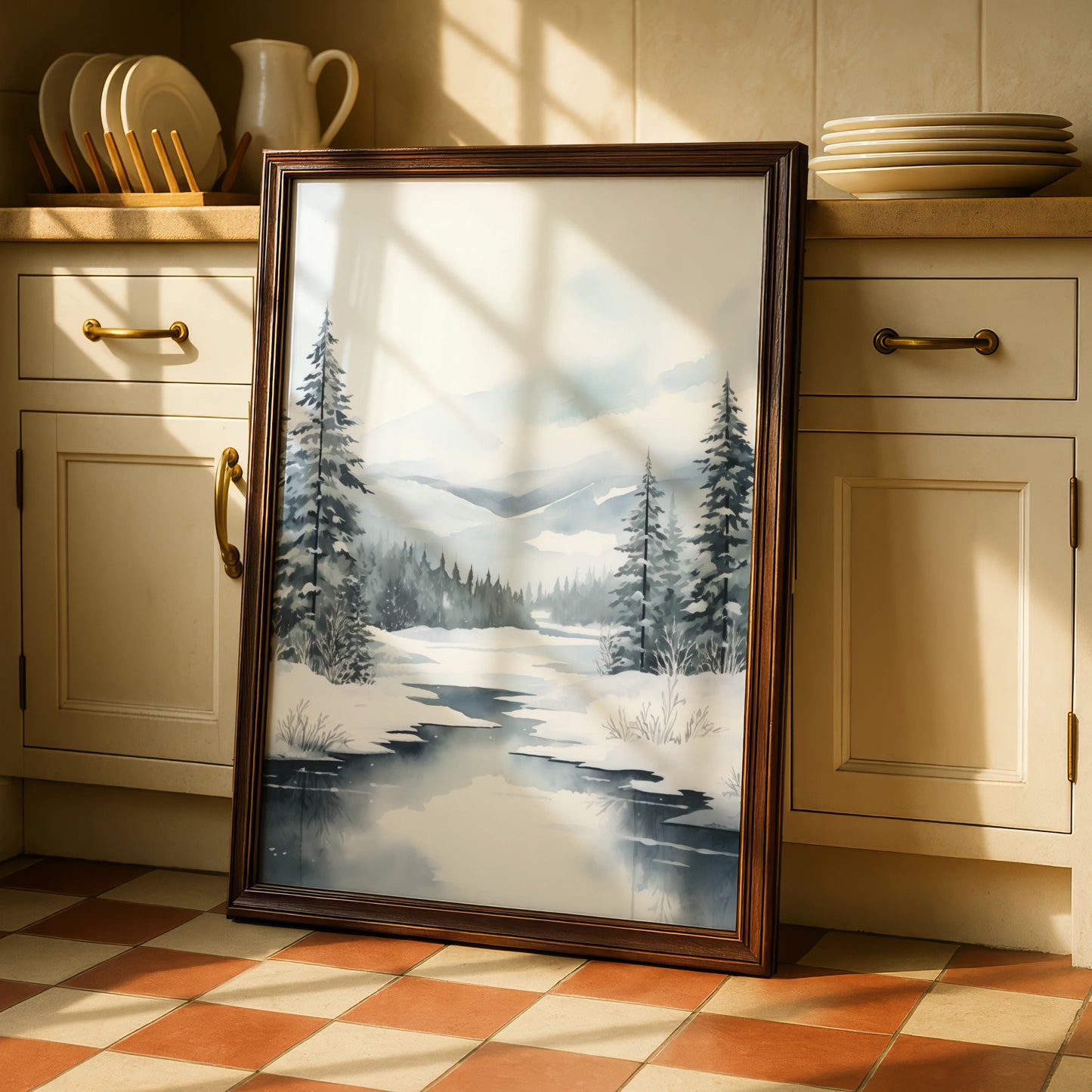 Christmas Winter Landscape Poster, Snowy Forest Pine Trees, Watercolour Wall Art Print
