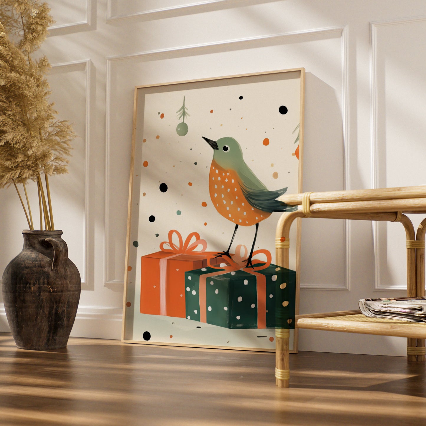 Christmas Robin Poster, Festive Bird Wall Art, Cute Xmas Gift Print, Green Orange Illustrated
