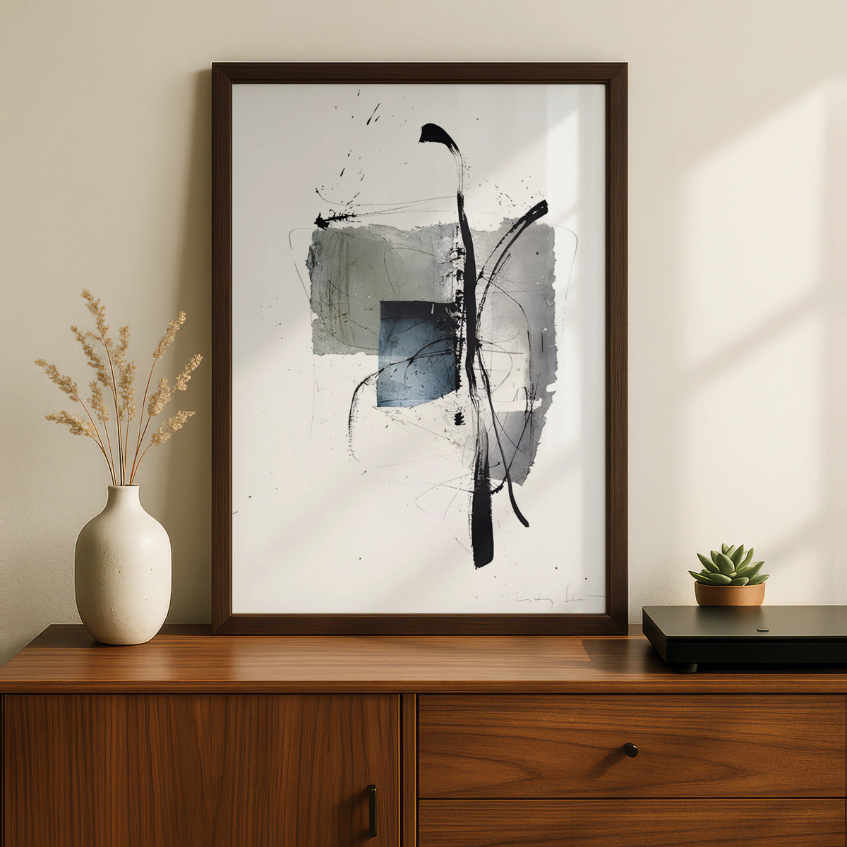 Abstract Monochrome Wall Art, Black Grey Ink Brush Print, Modern Contemporary Poster