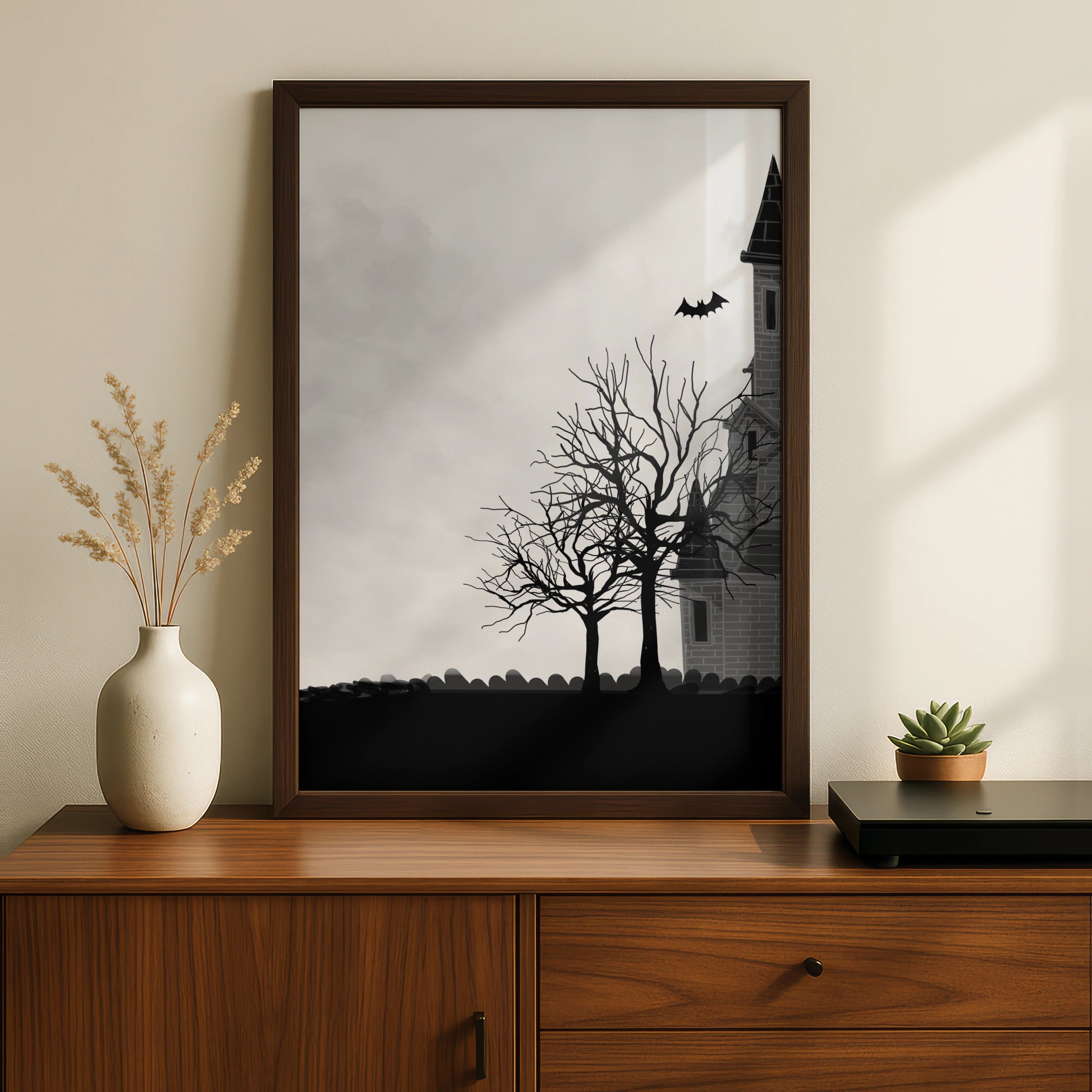 Haunted House Halloween Art Print, Spooky Castle Bats Moon Wall Poster, Gothic Halloween Decor