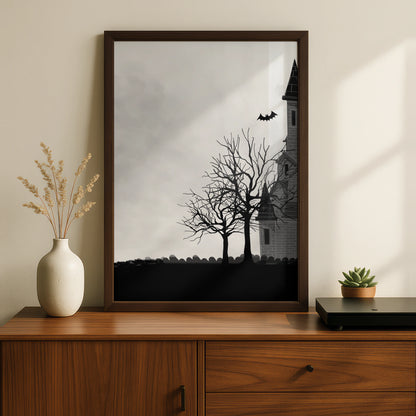 Haunted House Halloween Art Print, Spooky Castle Bats Moon Wall Poster, Gothic Halloween Decor