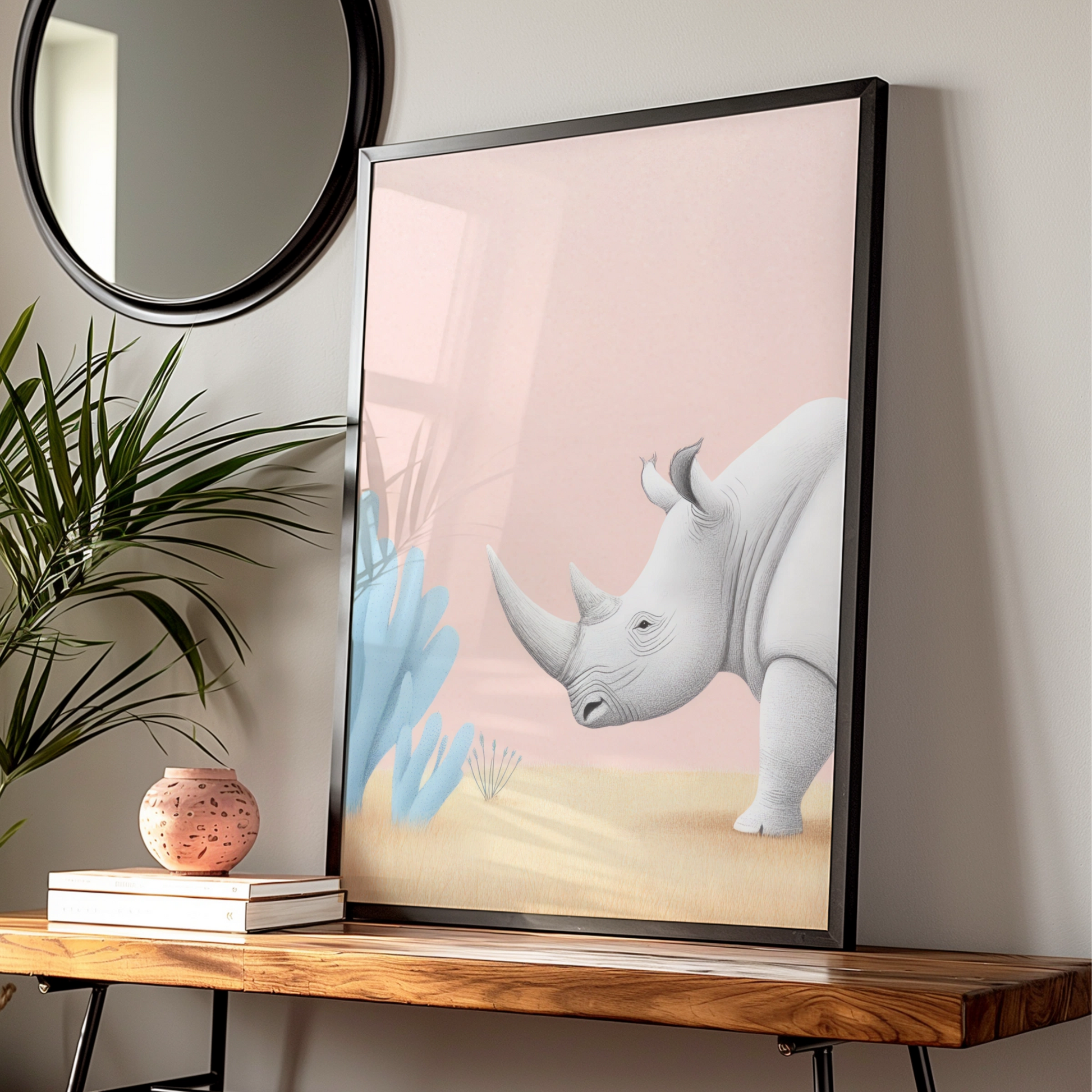 Rhino Nursery Wall Art, Safari Animal Print, Pastel Pink Kids Room Poster, Baby Decor