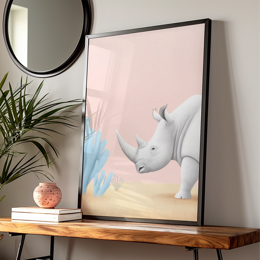 Rhino Nursery Wall Art, Safari Animal Print, Pastel Pink Kids Room Poster, Baby Decor