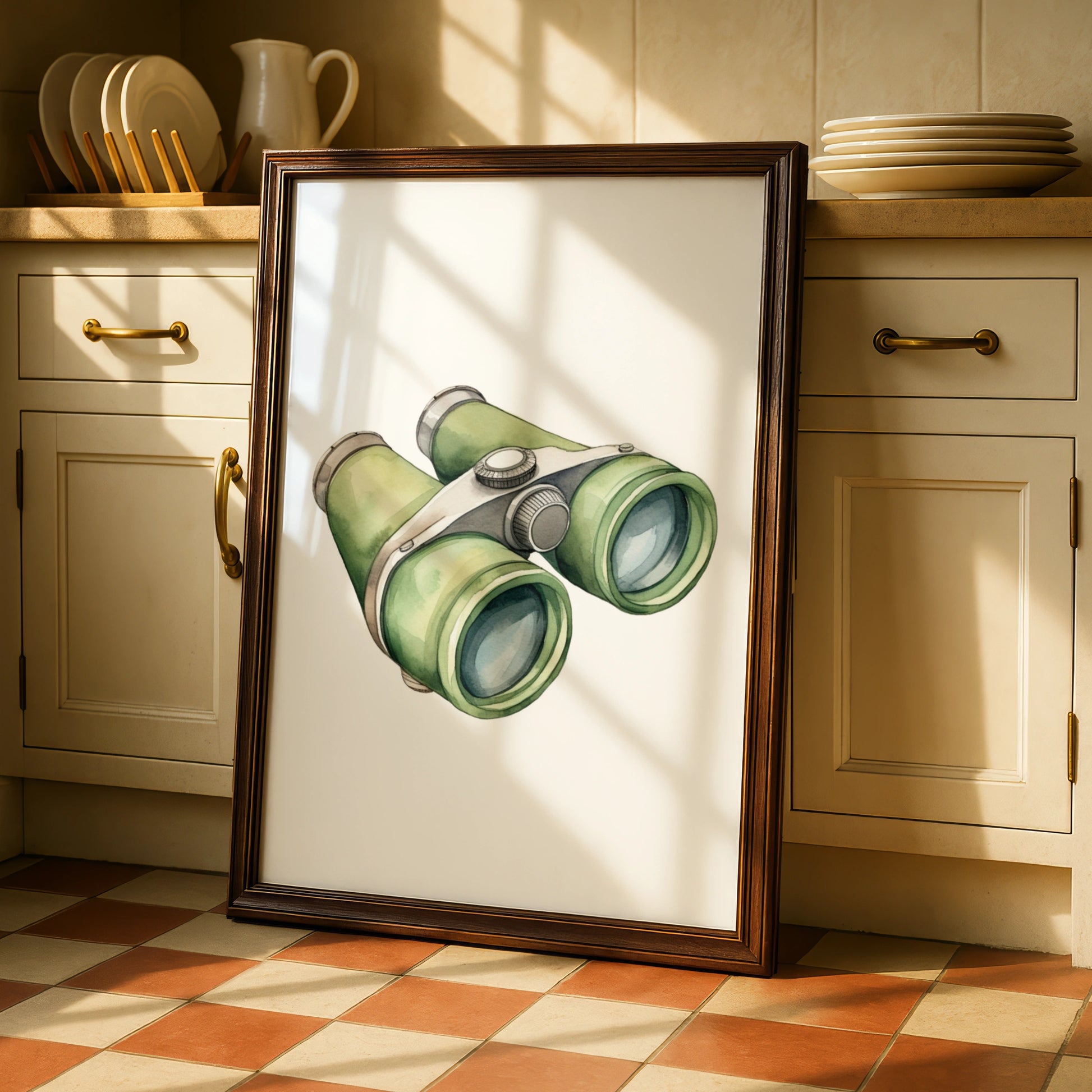 Binoculars Nursery Wall Art, Watercolour Adventure Print, Green Kids Room Poster