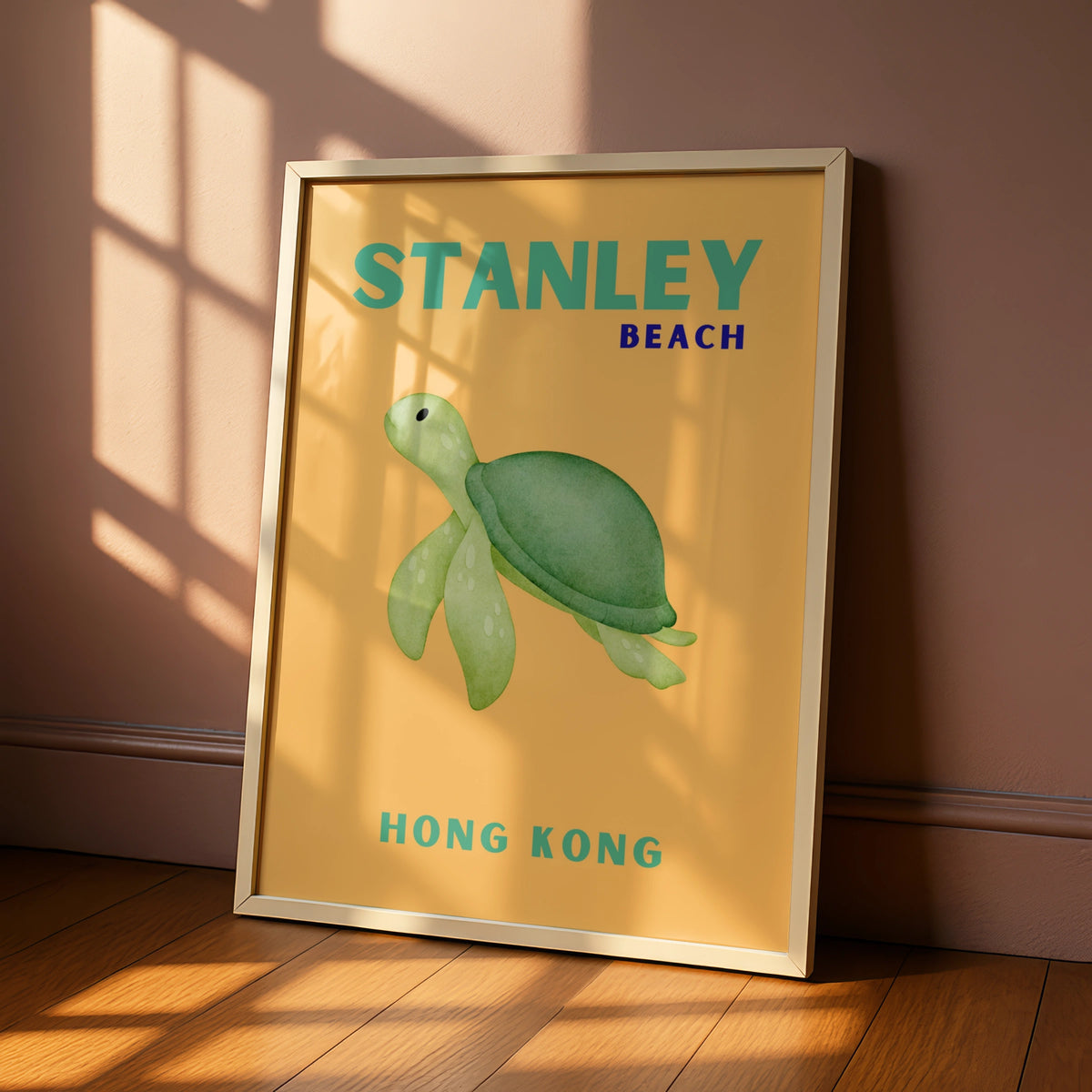 Stanley Beach Hong Kong Travel Poster, Sea Turtle Wall Art, Retro Coastal Print