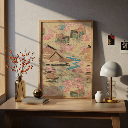 Vintage Japanese Woodblock Wall Art, Cherry Blossom Temple Print, Japandi Poster – A4 print