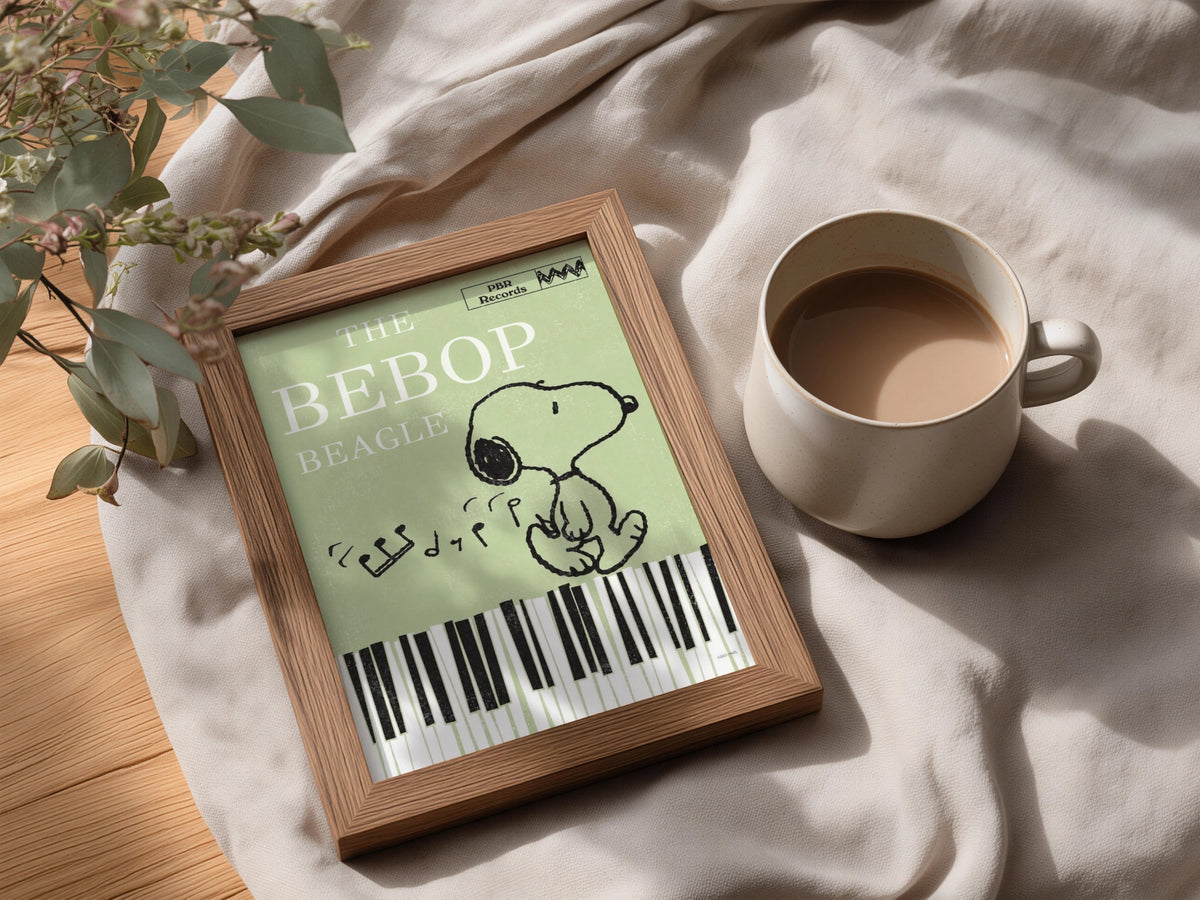 Bebop Beagle Jazz Poster, Retro Cartoon Dog Piano Keys Wall Art, Sage Green Music Room Decor