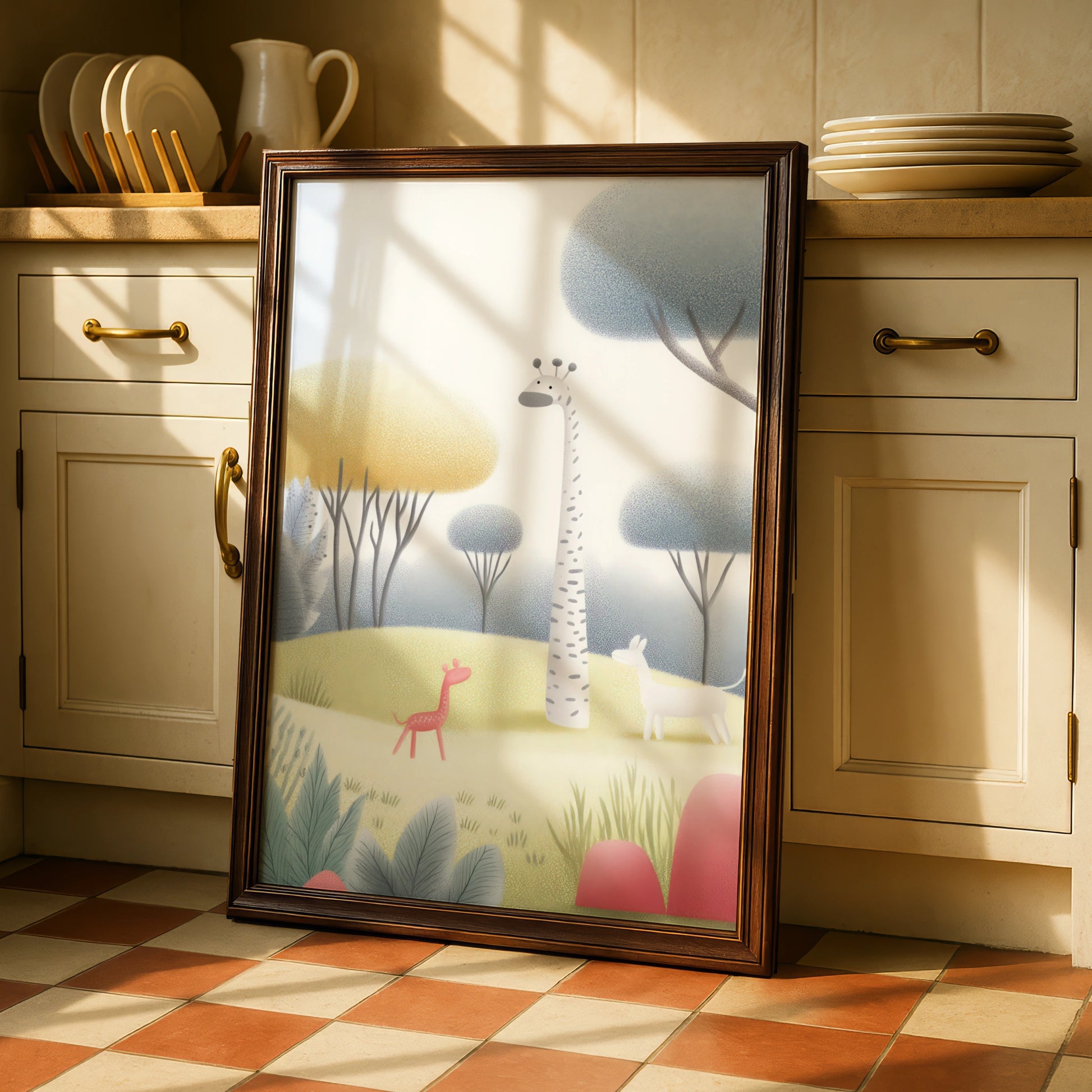 Giraffe Nursery Wall Art, Pastel Safari Print, Baby Animal Poster, Kids Room Decor