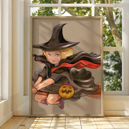 Halloween Witch Poster, Flying Broomstick Wall Art, Pumpkin Witch Print, Spooky Cute Decor