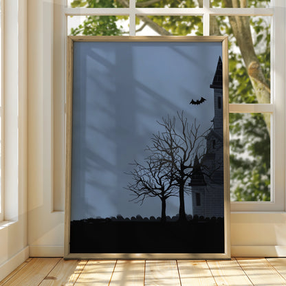 Halloween Haunted House Poster, Spooky Full Moon Bat Wall Art, Dark Gothic Print