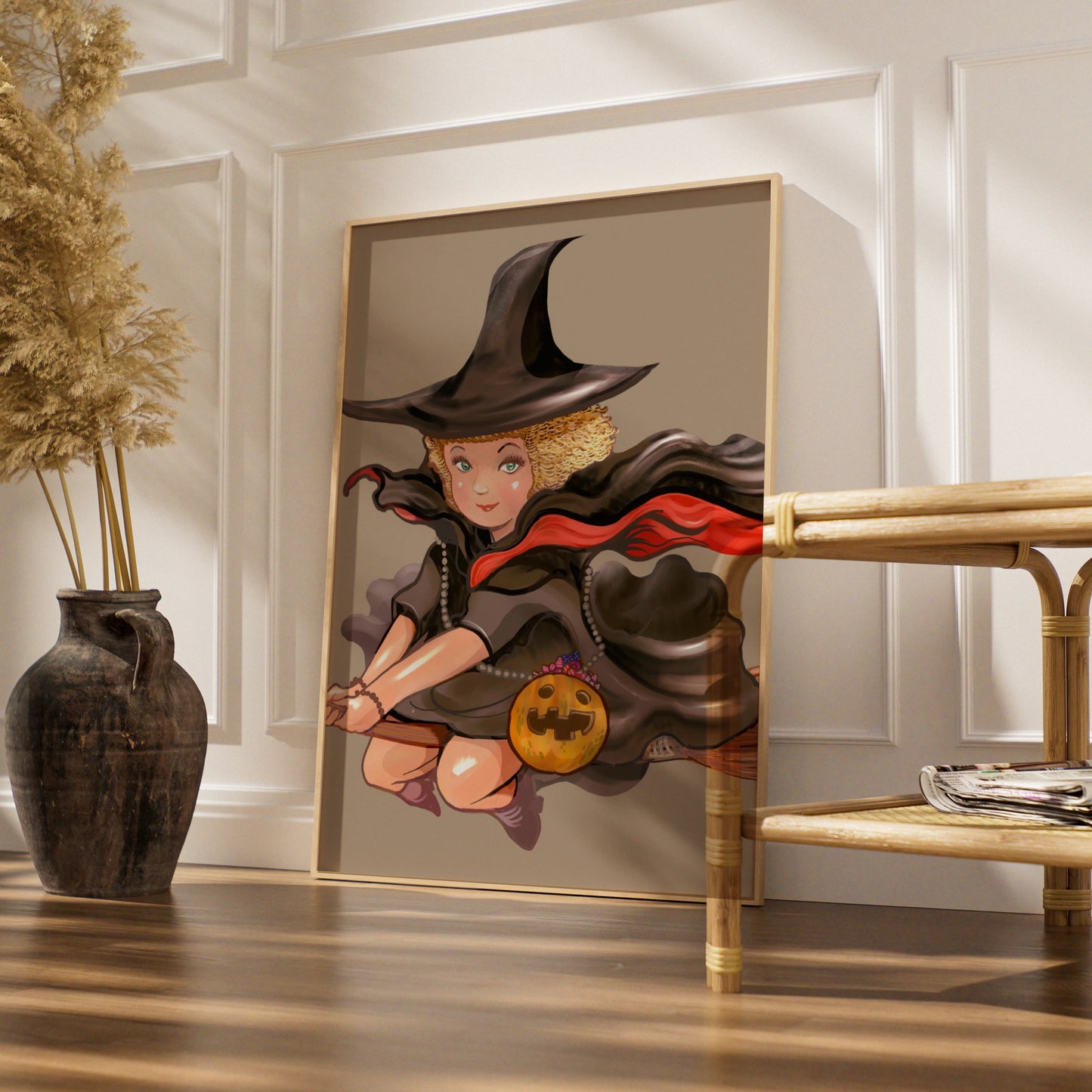 Halloween Witch Poster, Flying Witch Wall Art, Pumpkin Broom Print, Cute Witch Illustration