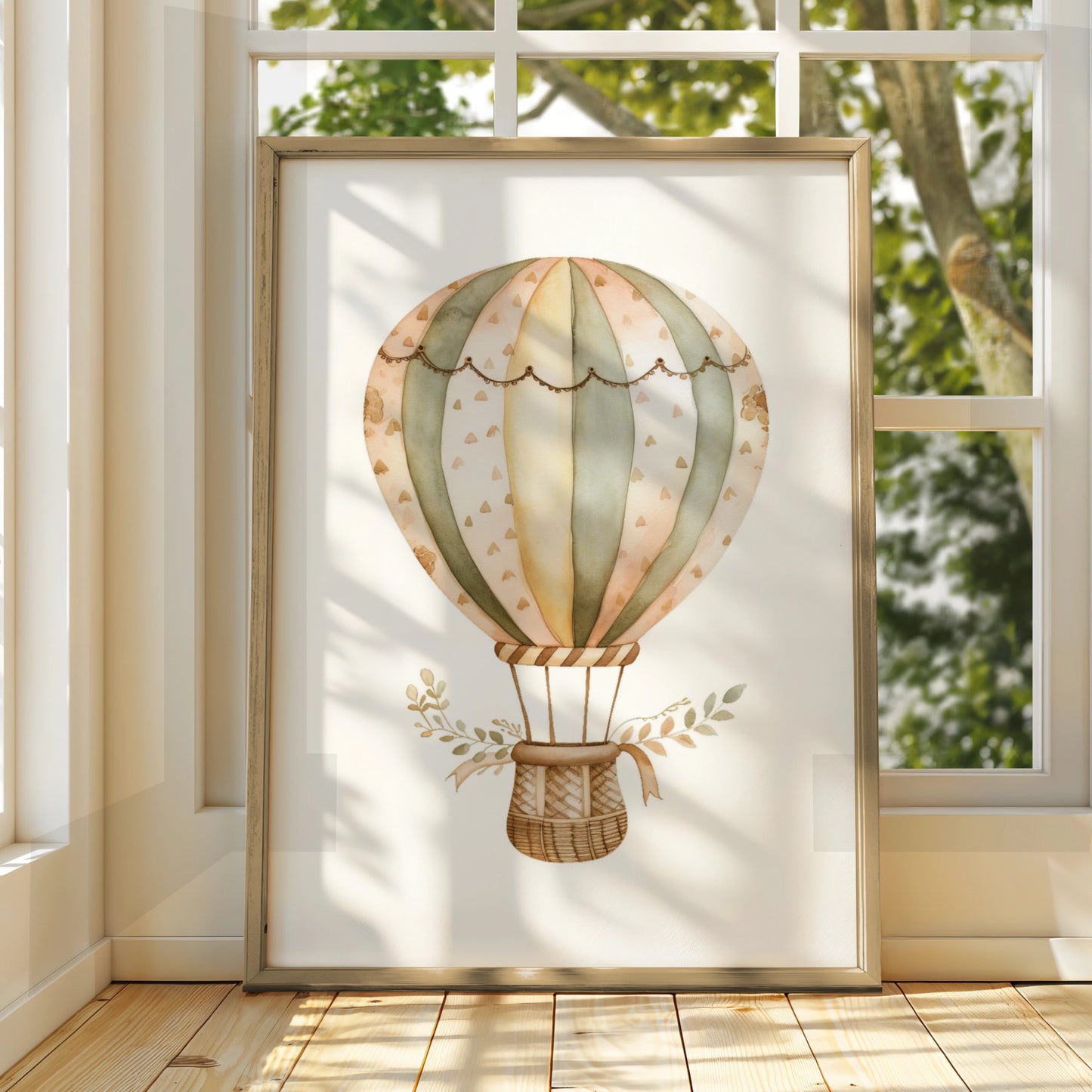 Hot Air Balloon Nursery Wall Art, Boho Baby Poster, Sage Green Neutral Decor Print