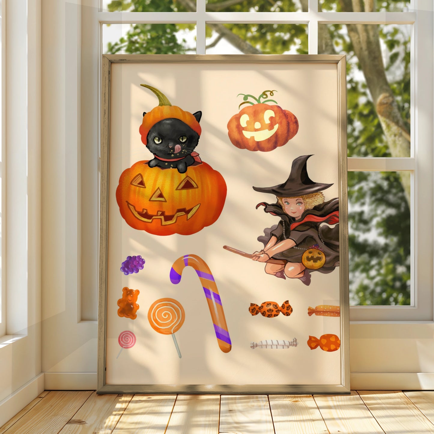 Halloween Witch Black Cat Pumpkin Poster, Trick or Treat Candy Wall Art Print