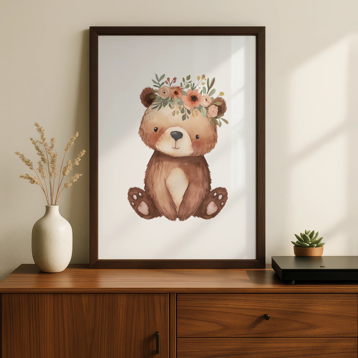 Floral Bear Nursery Wall Art, Watercolour Baby Bear Poster, Woodland Animal Print for Kids Room
