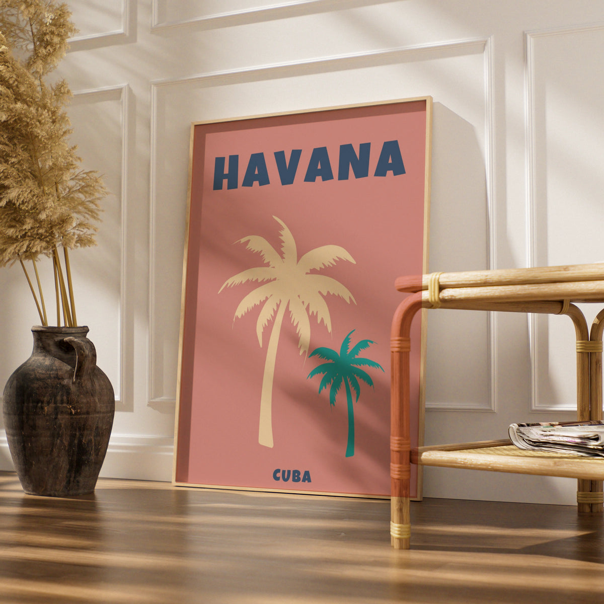 Havana Cuba Travel Poster, Retro Palm Tree Wall Art, Tropical Print, Pink Teal