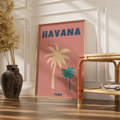 Havana Cuba Travel Poster, Retro Palm Tree Wall Art, Tropical Print, Pink Teal
