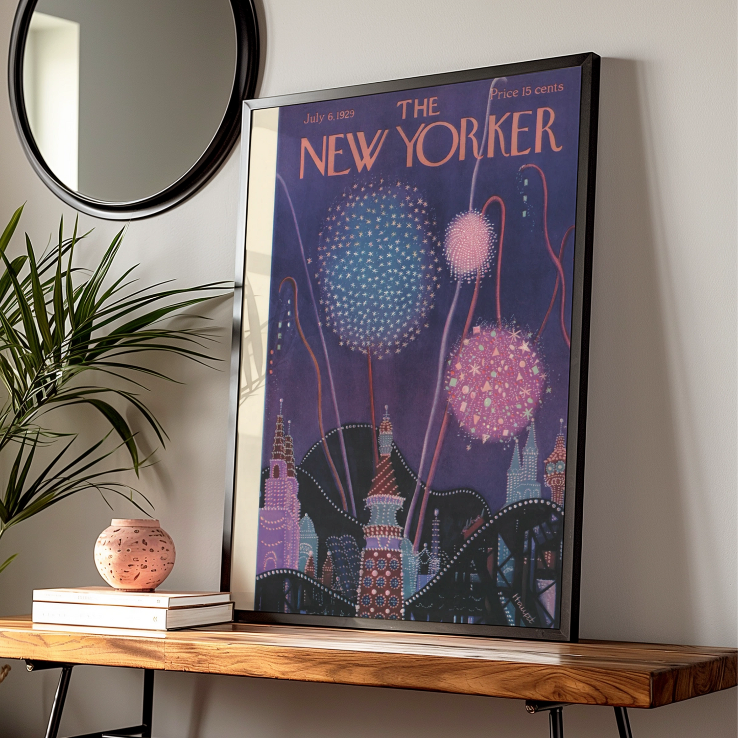 The New Yorker July 1929 Fireworks Cover Poster, Vintage Art Deco Night Sky Print