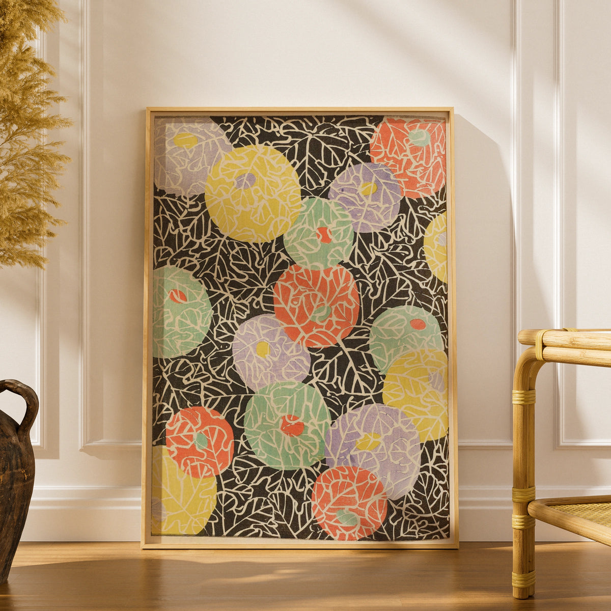 Japanese Botanical Print, Vintage Woodblock Wall Art, Floral Japandi Poster, Colourful Leaf Pattern – A5 print