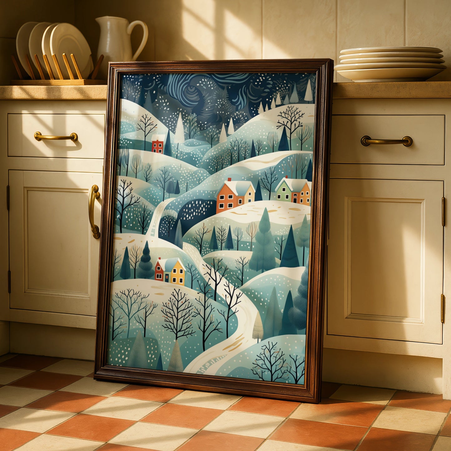 Christmas Village Poster, Snowy Winter Landscape Print, Festive Holiday Wall Art, Scandi Xmas Decor