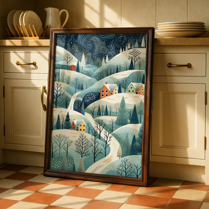 Christmas Village Poster, Snowy Winter Landscape Print, Festive Holiday Wall Art, Scandi Xmas Decor