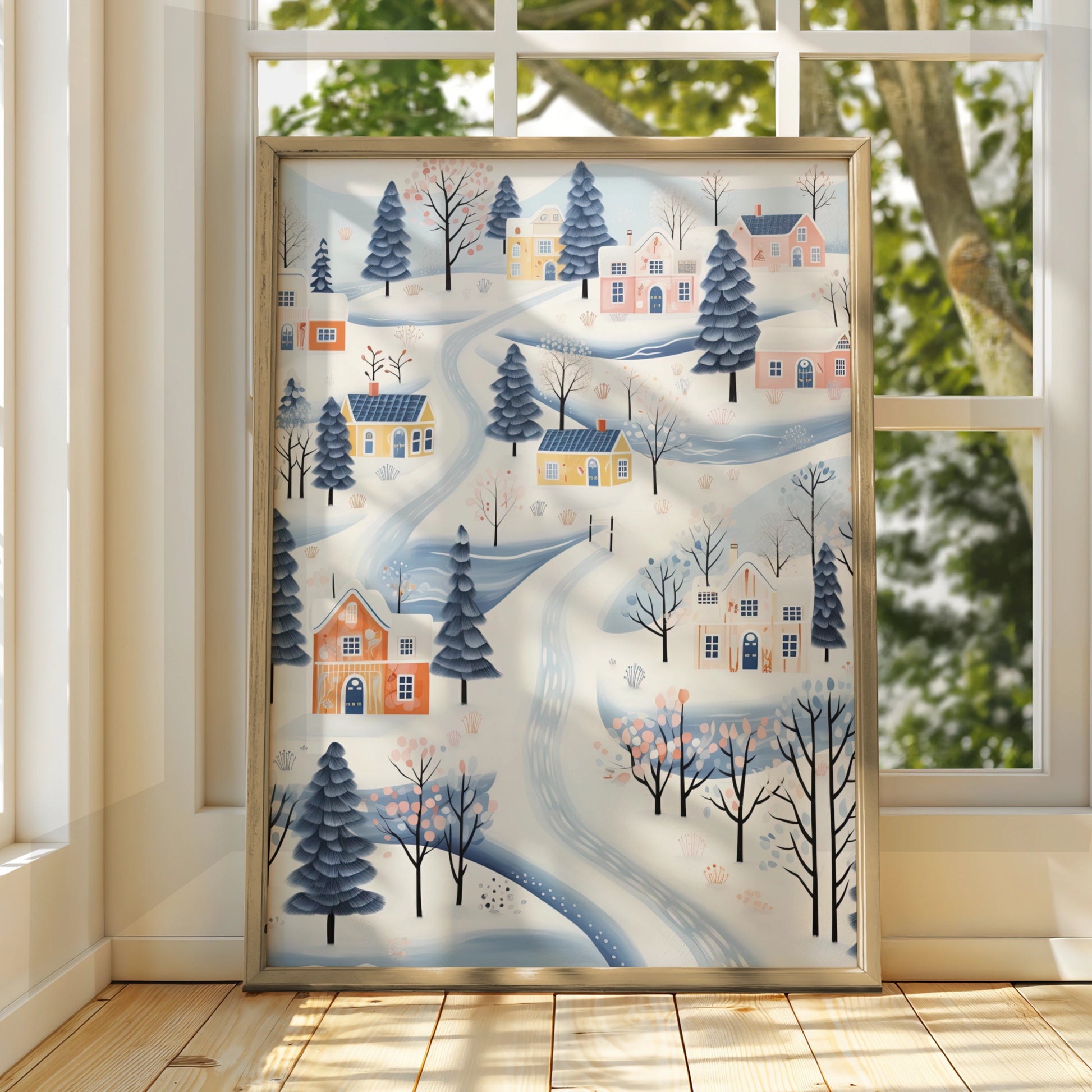 Christmas Village Poster, Snowy Winter Town Wall Art, Scandi Festive Print, Pastel Blue