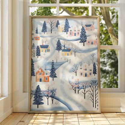 Christmas Village Poster, Snowy Winter Town Wall Art, Scandi Festive Print, Pastel Blue