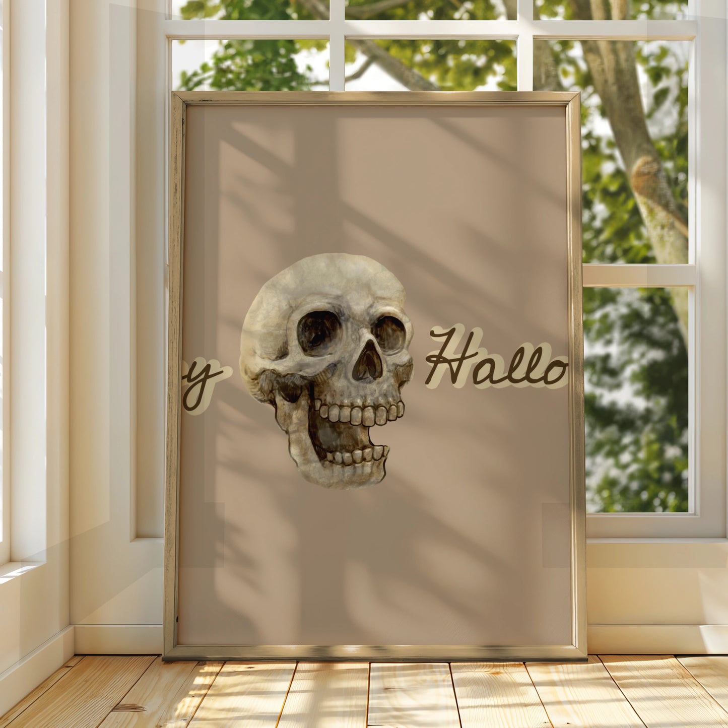 Happy Halloween Skull Poster, Spooky Wall Art, Skeleton Print, Taupe Halloween Decor